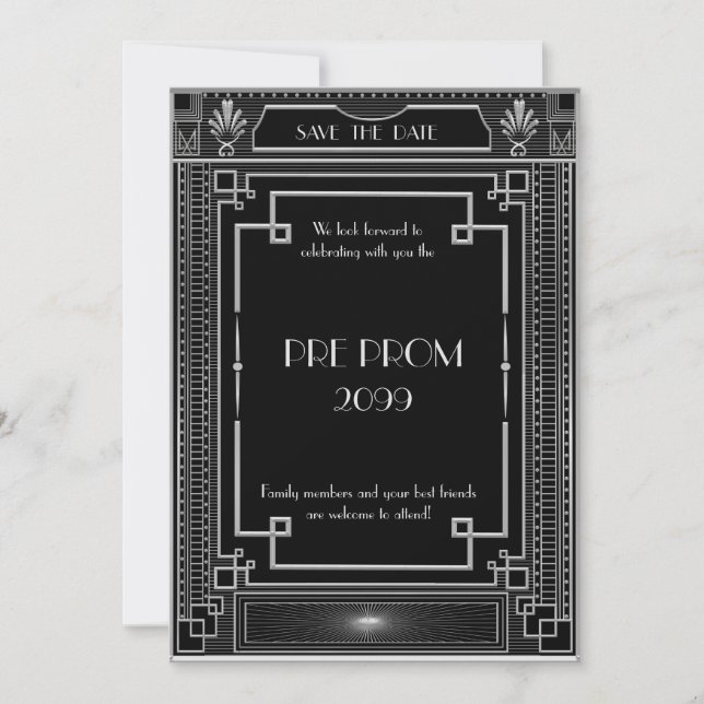 Pre PromJunior, Great Gatsby, Silver,black Save The Date (Front)