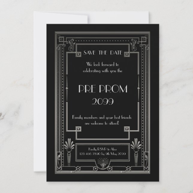 Pre PromJunior, Great Gatsby, Silver, Black Save The Date (Front)