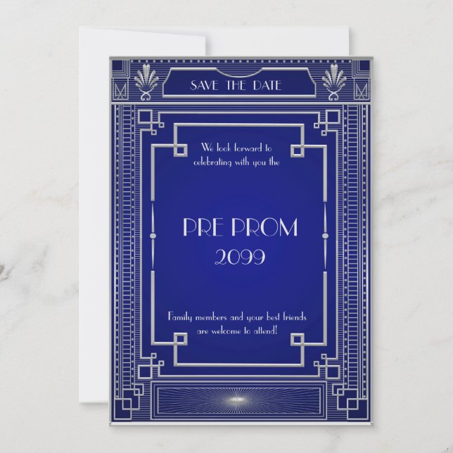 Pre PromJunior, Great Gatsby, Silver,navy Save The Date (Front)