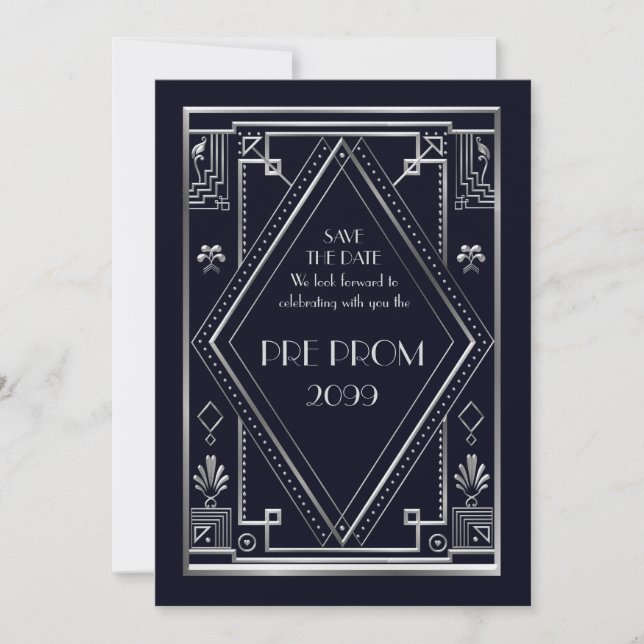 Pre PromJunior, Great Gatsby, Silver, Navy Save The Date (Front)
