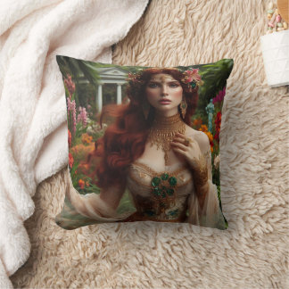 Pre-Raphaelite gilded woman 1 in garden Cushion