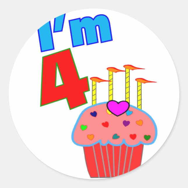 Pre School Birthday "I'm 4" Adorable Cupcake Classic Round Sticker (Front)