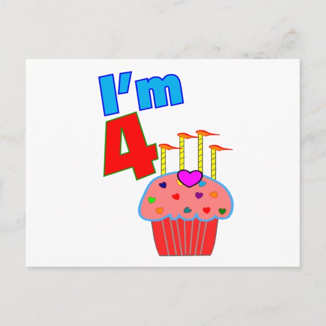 Pre School Birthday "I'm 4" Adorable Cupcake Postcard (Front)