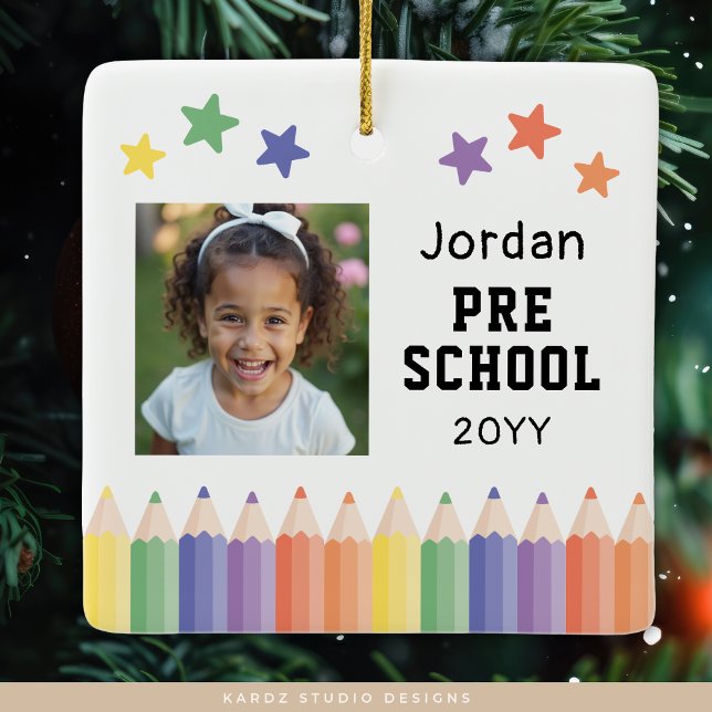 Pre-School Colourful Photo Kids Keepsake Ceramic Ornament (Ornament shown in ceramic, 2 sided. Choose type and add your kids picture, name, year, and grade. )