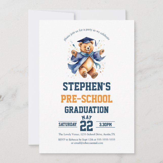 Pre School  Graduation Party Cute Teddy Bear  Invitation (Front)
