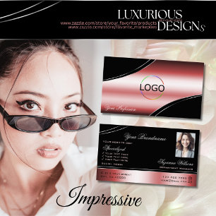 Precious Black Red Curved Decor Lines Logo Photo Business Card