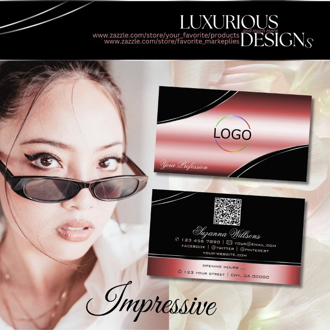 Precious Black Red Curved Decor Lines Logo QR Code Business Card (Creator Uploaded)
