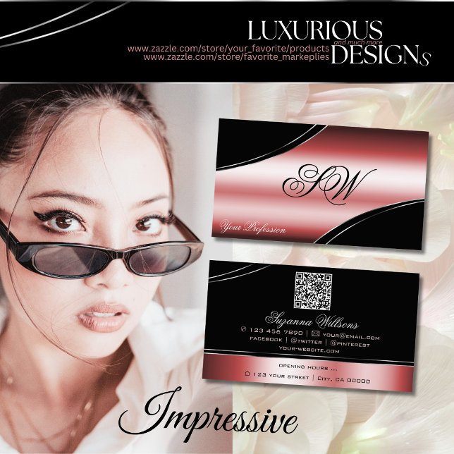 Precious Black Red Curved Lines Monogram QR Code Business Card (Creator Uploaded)