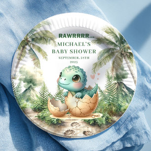 Precious Blue Dino Baby Shower Hatching Soon Plate