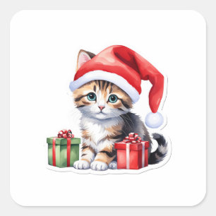 Precious Brown Tabby Santa Kitten Square Sticker