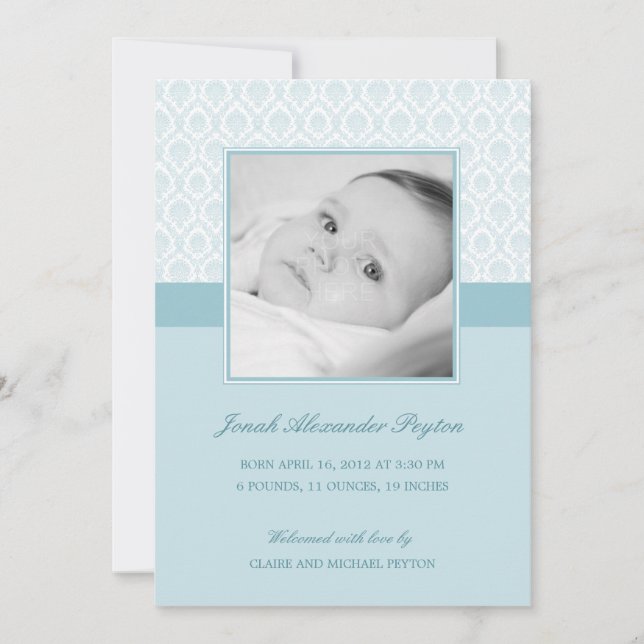 Precious Damask Baby Boy Birth Announcement (Front)
