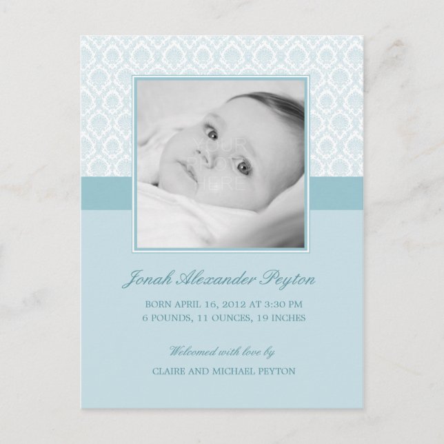 Precious Damask Baby Boy Birth Announcement (Front)