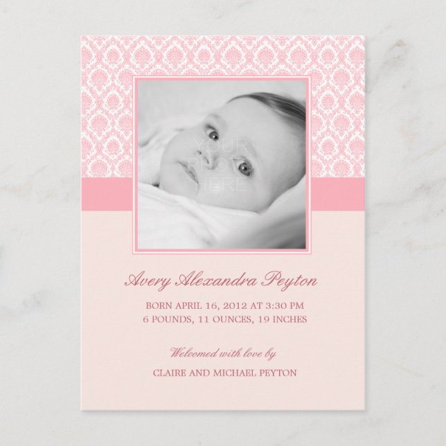 Precious Damask Baby Girl Birth Announcement (Front)
