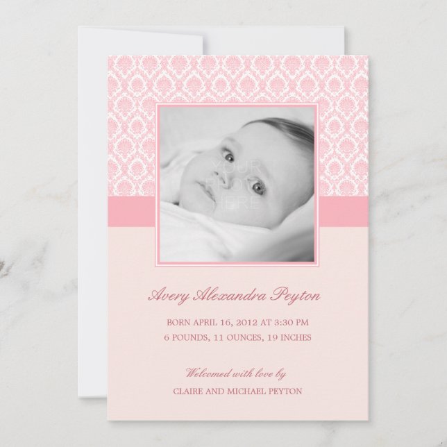 Precious Damask Baby Girl Birth Announcement (Front)