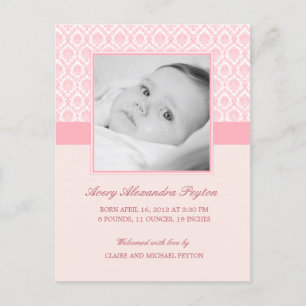 Precious Damask Baby Girl Birth Announcement Postcard