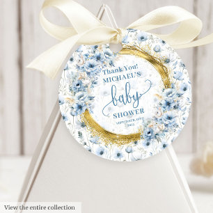 Precious dusty blue flowers and gold boy baby favour tags