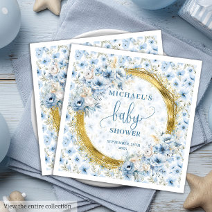 Precious dusty blue flowers gold baby shower nap napkin