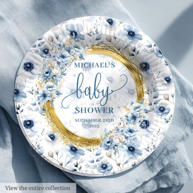 Precious dusty blue watercolor flowers gold shower paper plate (Precious dusty blue watercolor flowers gold shower Paper Plates)