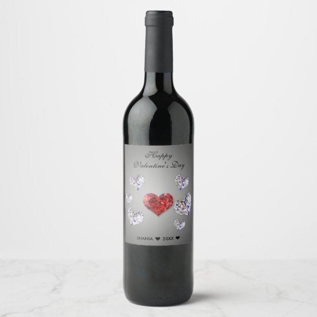 Precious Elegant Diamond Hearts Wine Label (Front)