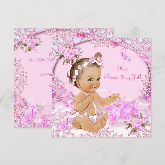 Precious Girl Baby Shower Pink Floral Butterfly Invitation (Front/Back)