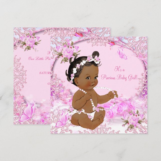 Precious Girl Baby Shower Pink Floral Ethnic Invitation (Front/Back)