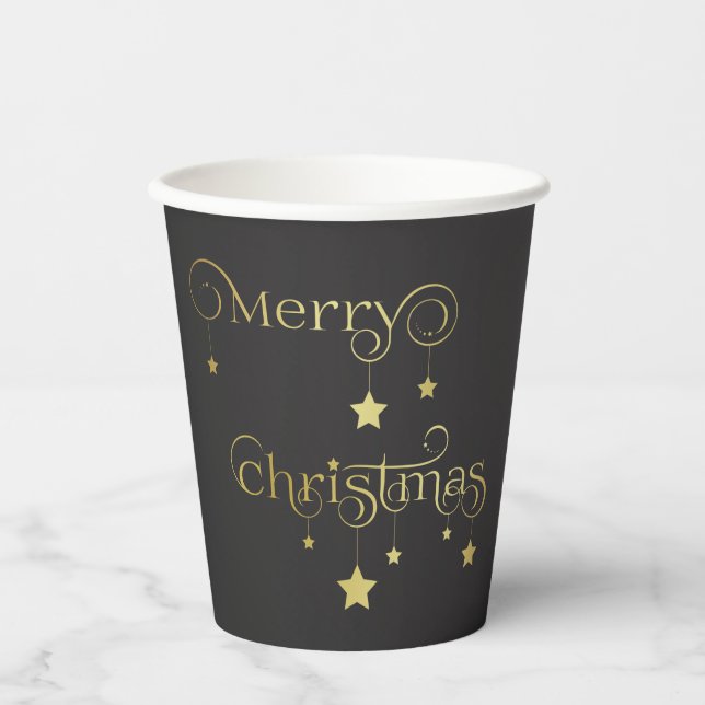 Precious Gold Merry Christmas Stars Paper Cups (Front)