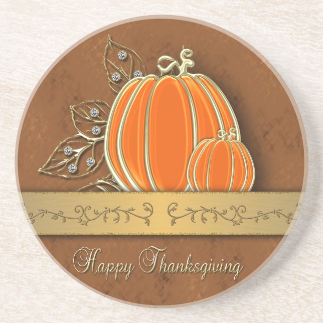 Precious Gold Thanksgiving Pumpkin Leaves Coaster (Front)