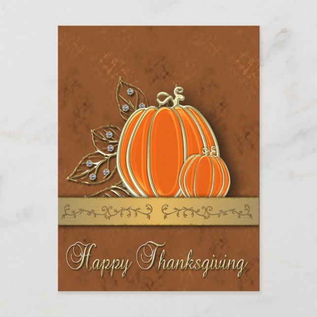 Precious Gold Thanksgiving Pumpkin Leaves Holiday Postcard (Front)