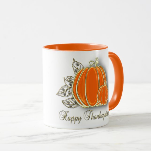 Precious Gold Thanksgiving Pumpkin Leaves Mug (Front Right)