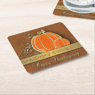 Precious Gold Thanksgiving Pumpkin Leaves Square Paper Coaster