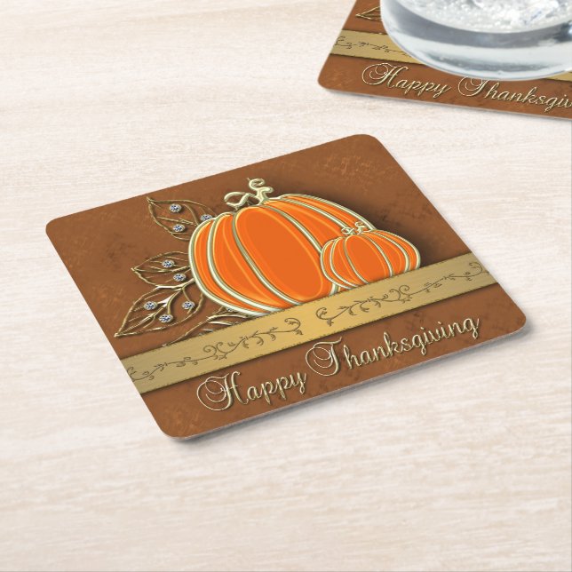 Precious Gold Thanksgiving Pumpkin Leaves Square Paper Coaster (Angled)