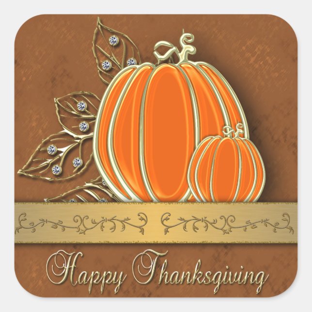 Precious Gold Thanksgiving Pumpkin Leaves Square Sticker (Front)