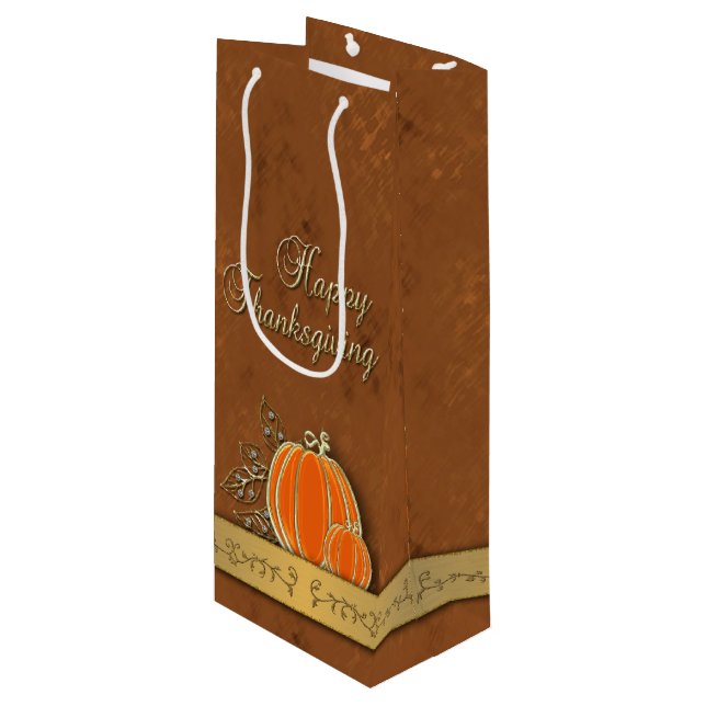 Precious Gold Thanksgiving Pumpkin Leaves Wine Gift Bag (Front Angled)
