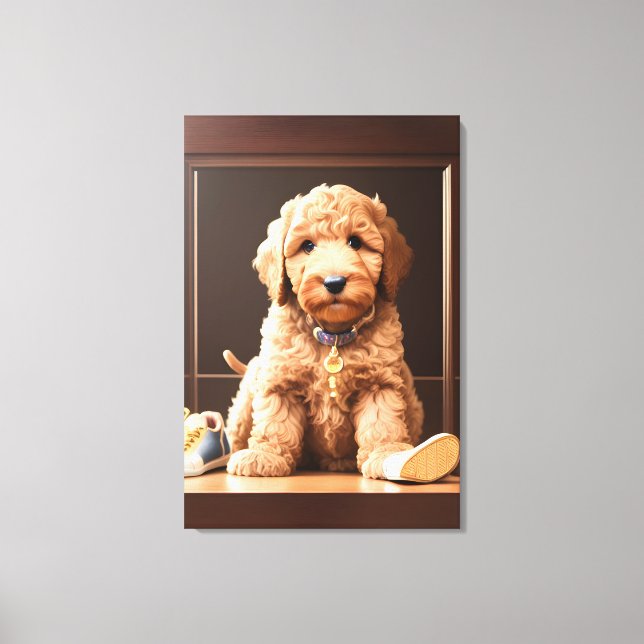 Precious Goldendoodle Puppy with Shoes Brown Colou Canvas Print (Front)