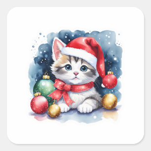 Precious Grey and White Santa Kitten  Square Sticker