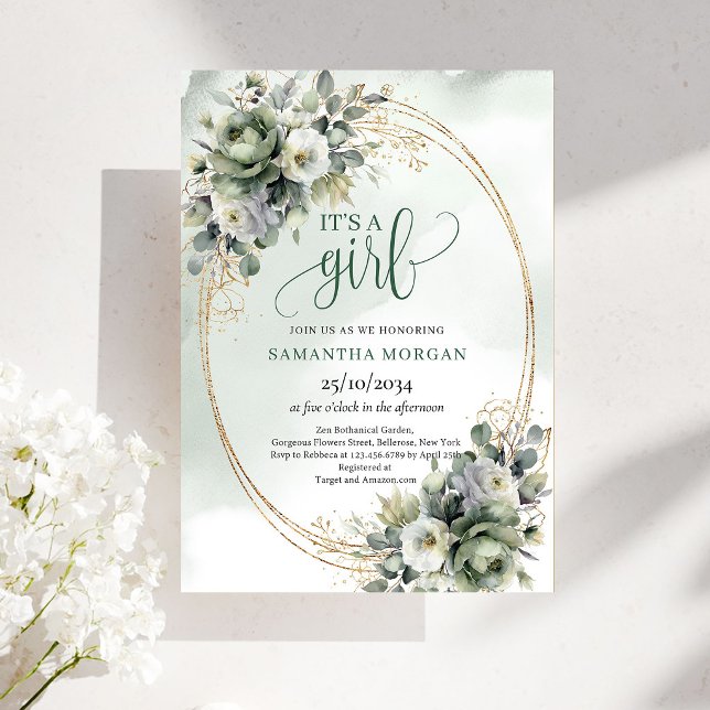 Precious Joy Botanical Green It's a Girl Invite (Precious Joy Botanical Green It's a Girl Invite)