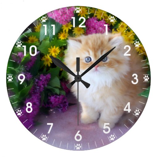 Image of Precious Kittens Pink Purple Yellow Flowers Large Clock