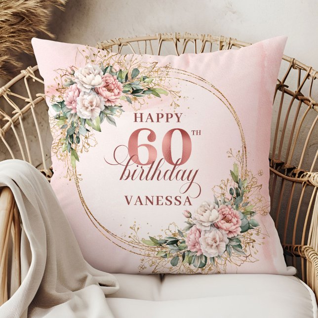 Precious Light Pink Boho Floral Gift 60th birthday Cushion (Precious Light Pink Boho Floral Gift 60th birthday pillow)