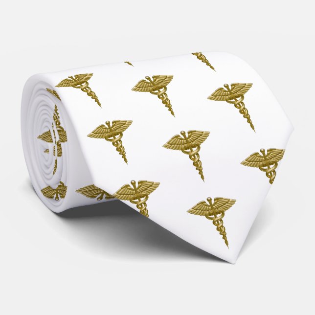 Precious Medical Gold Caduceus White Pattern Tie (Rolled)