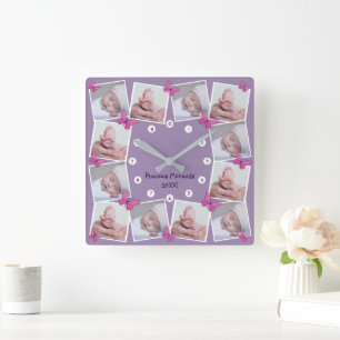 Precious Moments 20XX Photo Collage Pink Butterfly Square Wall Clock