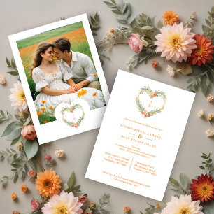 Precious Orange Green Floral Heart Wreath Wedding Invitation