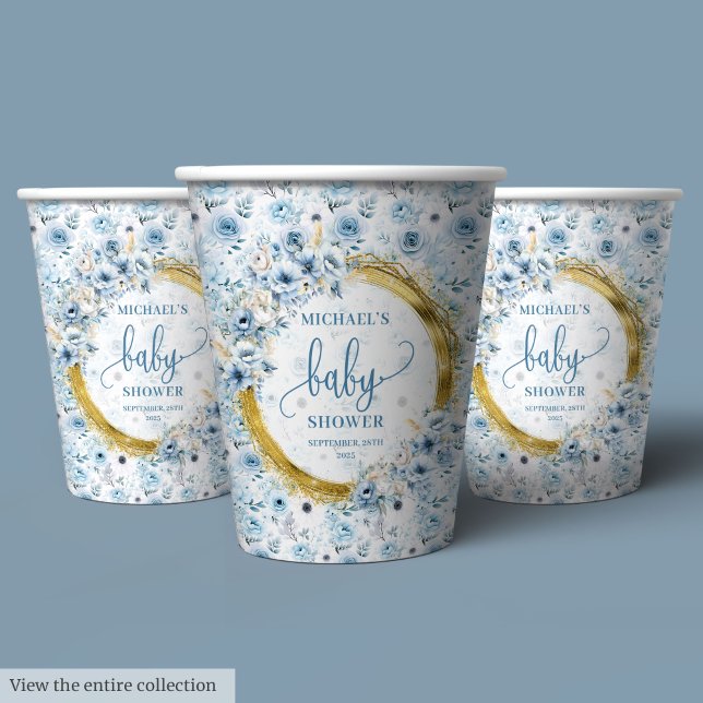 Precious pastel blue watercolor flowers gold baby  paper cups (Precious pastel blue watercolor flowers gold baby Paper Cups)