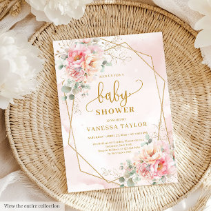 Precious pastel pink and gold baby shower girl invitation