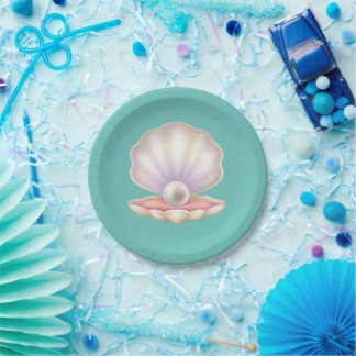 Precious pearl in opened shell paper plate