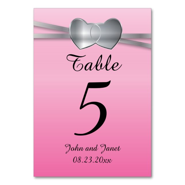 Precious Pink and Silver Wedding Love Hearts Table Number (Front)