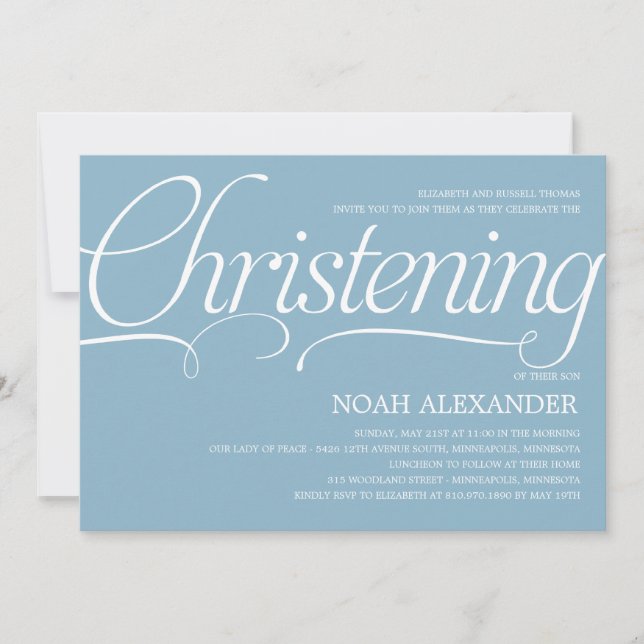 Precious Script Christening Invitation - Blue (Front)