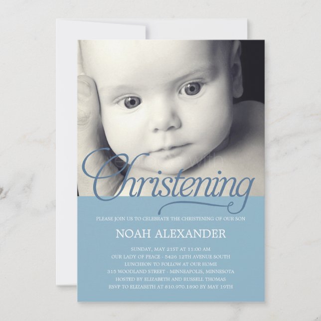 Precious Script Photo Christening Invitation -Blue (Front)