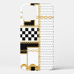 Precious stones, gold chains, seamless pattern. iPhone 12 case