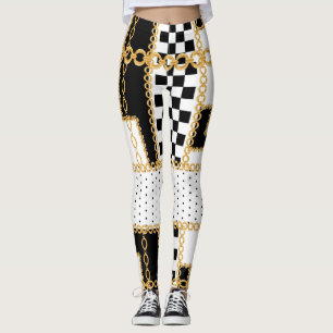 Precious stones, gold chains, seamless pattern. leggings