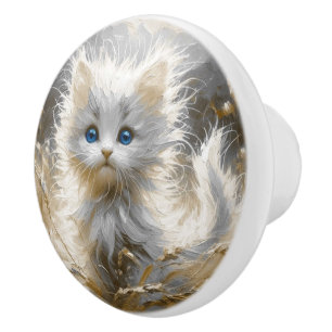 Precious White Kitten Ceramic Knob